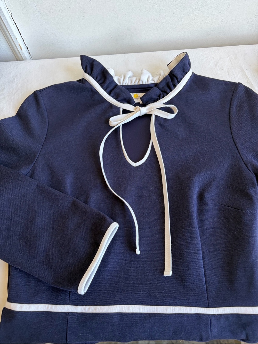 Boden Navy Layla Sheath Dress with Cream Trim and Tie Neck - Picture 5 of 14